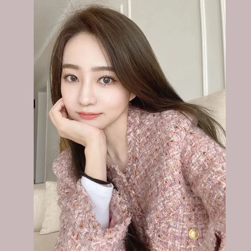 Autumn Winter New Round Neck Plaid Elegant Short Coat Women Fashion Sweet Loose Long-sleeved Tweed Coat Female