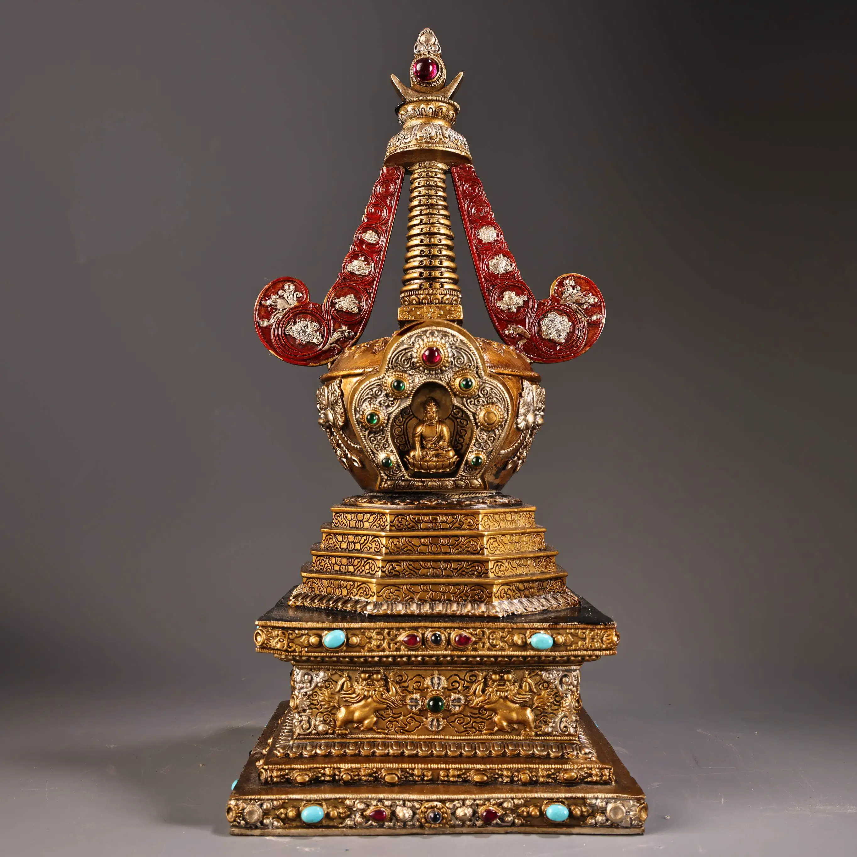 Vintage Old Copper Gold Silver Painted Tibetan Buddhist Stupa Statue Heavy Patina Exquisite Craftsmanship Home Decor