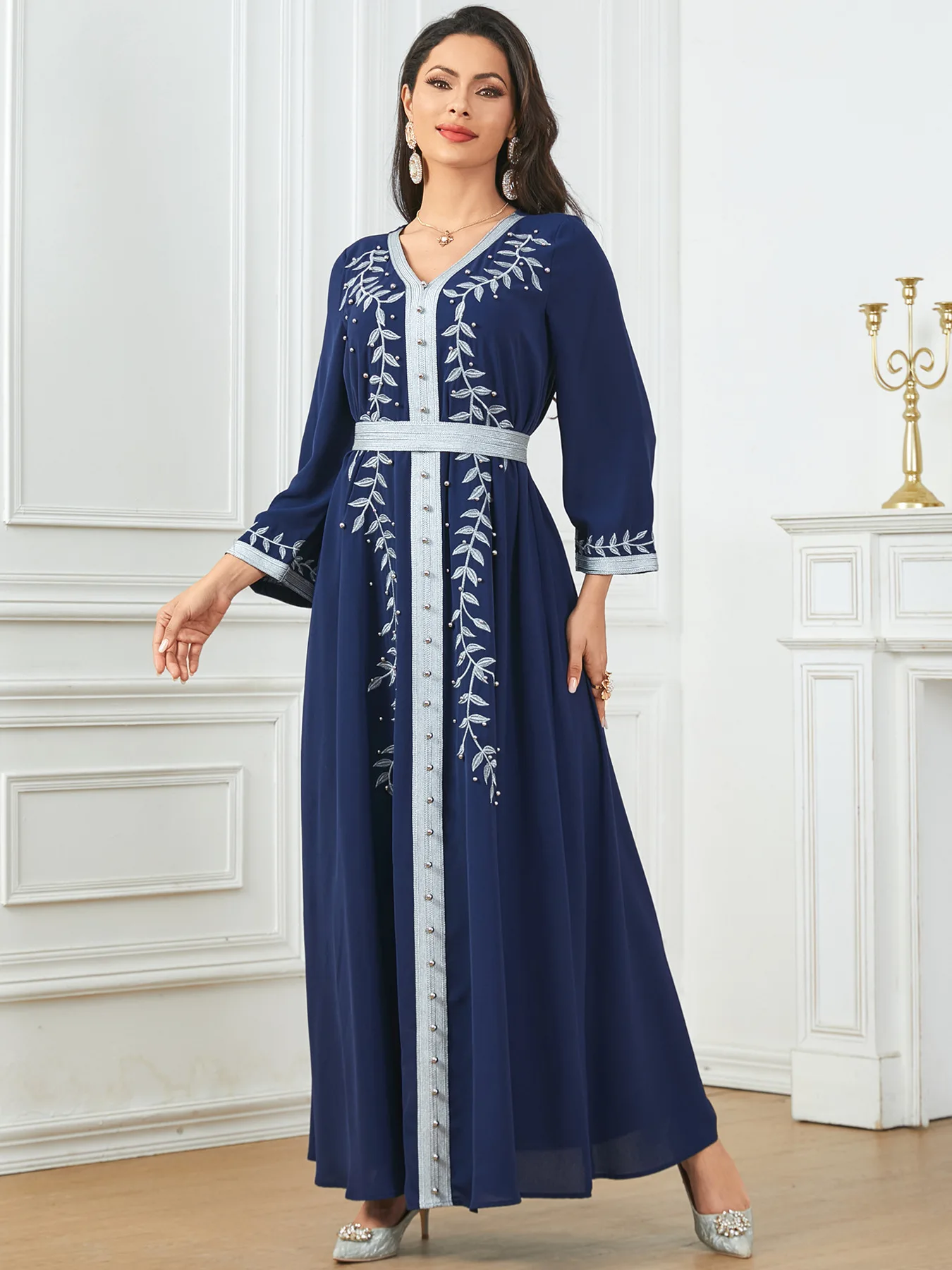 

Eid Mubarak Djellaba Embroidery Jalabiya Dubai Abaya Women Muslim Maxi Dress Belted Kaftan Islam Longue Vestidos Largo Caftan