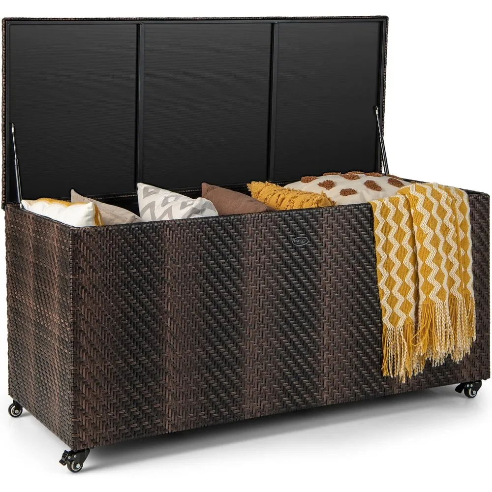 

Outdoor Rattan Deck Box, 96 Gallon PE Wicker Patio Storage Box with 4 Wheels and Liner, 2-in-1 Multifunctional Storag