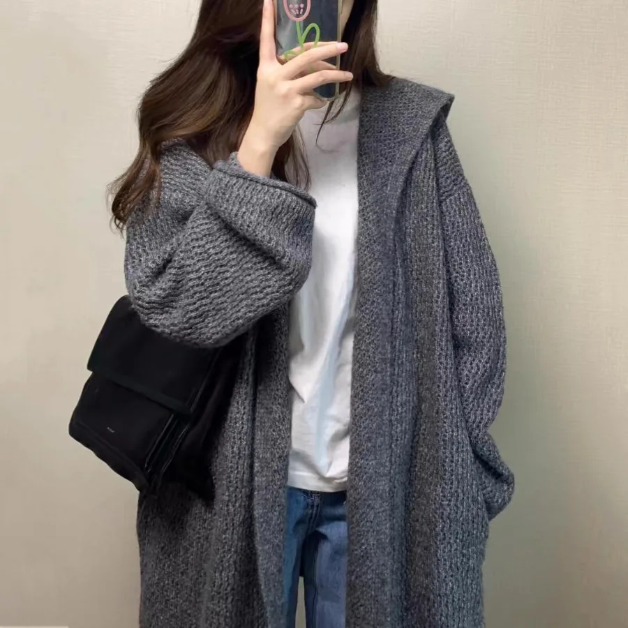 

2025 Fall/Winter New Gray Mid-Length Sweater Jacket Women's Outerwear Lazy Design Knitted Cardigan Top