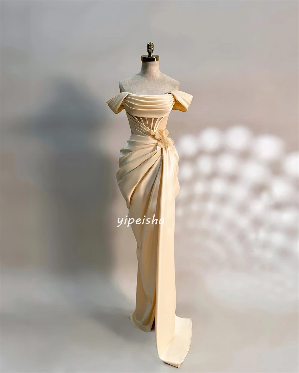 Customized Exquisite Satin Flower Draped Pleat Ruched Column Off-the-shoulder Strapless Long Dresses Cocktail Dresses Classic Mo