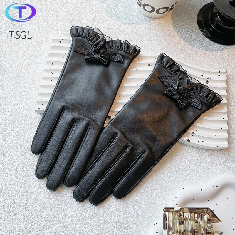 

2025 New Elegant Black Lace Driving Gloves Genuine Real Sheep Leather Glove Women Fashion Winter Autumn Short Mittens