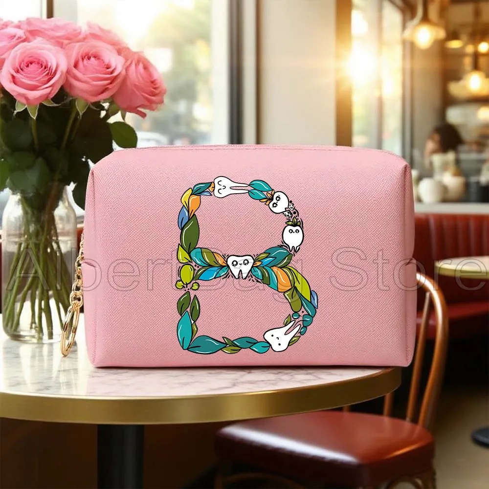 

Dentist Dental Teeth Tooth Lover Cute Initial Letter Alphabet Dentistry Gifts PU Leather Travel Cosmetic Bags Makeup Storage Bag