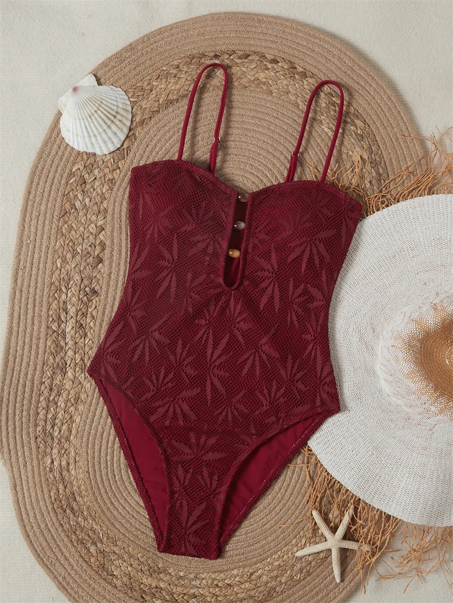 Einteiliger Badeanzug für Damen, gehäkelte Spitze, tiefer V-Ausschnitt, sexy Badeanzug, Sommer, Strandurlaub, Bademode, verstellbarer Riemen, Monokini – Detail 10