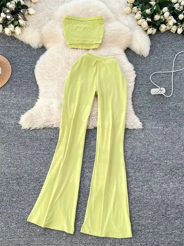 BabYoung Hotsweet Ricamo Due Pezzi Abiti da Donna Senza Spalline Senza Maniche Camis + Pantaloni Lunghi Moda Americana Casual Vacanza Set