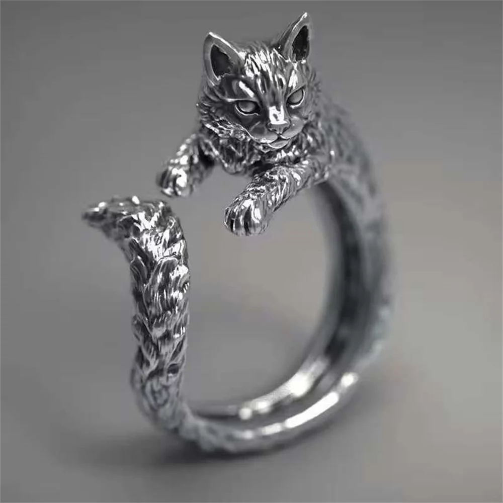 

Vintage Black Alloy Cartoon Kitten Open Ring For Men And Women Personality Stylish Simple ring Crafts Suitable For Men And Women