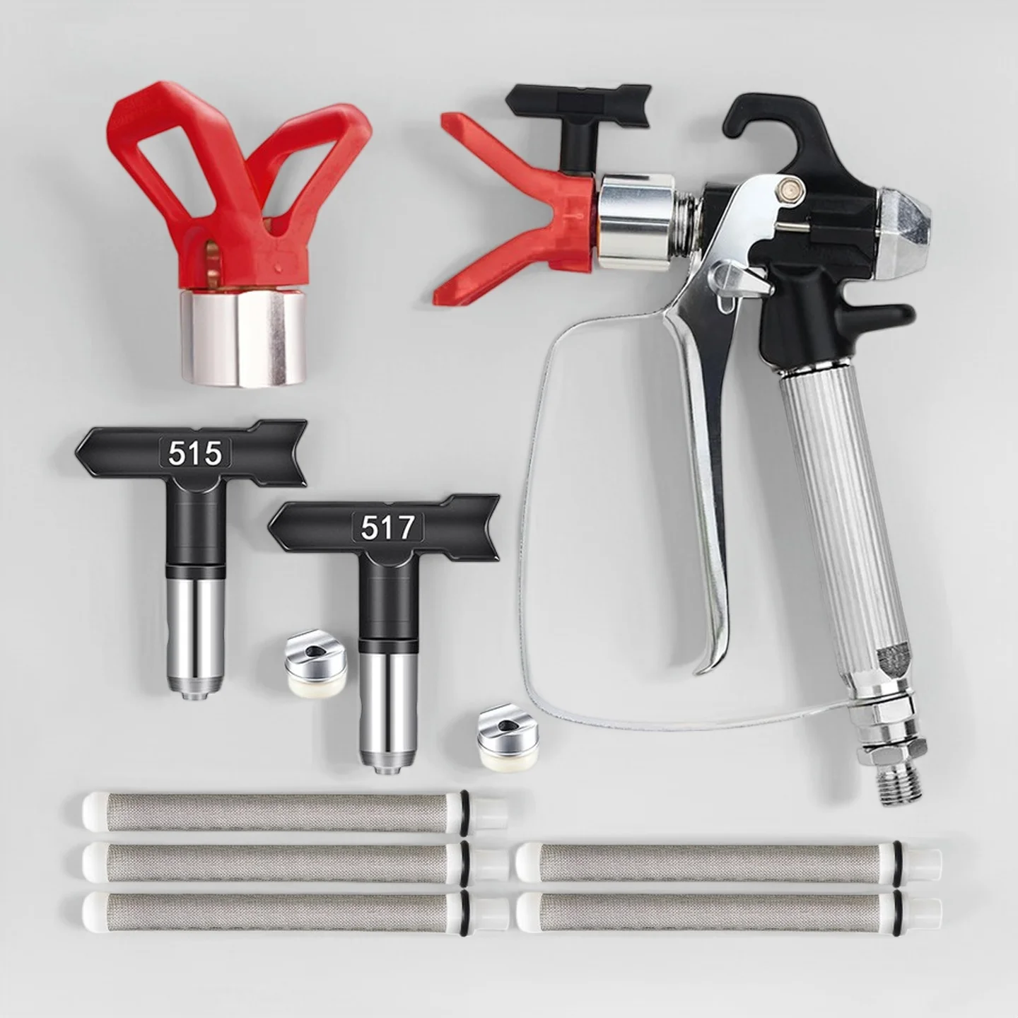 10個入りエアレスペイントスプレーガンキット、515-517ノズル、スプレーチップガードフィルター、家庭用塗装ツールアクセサリー付き