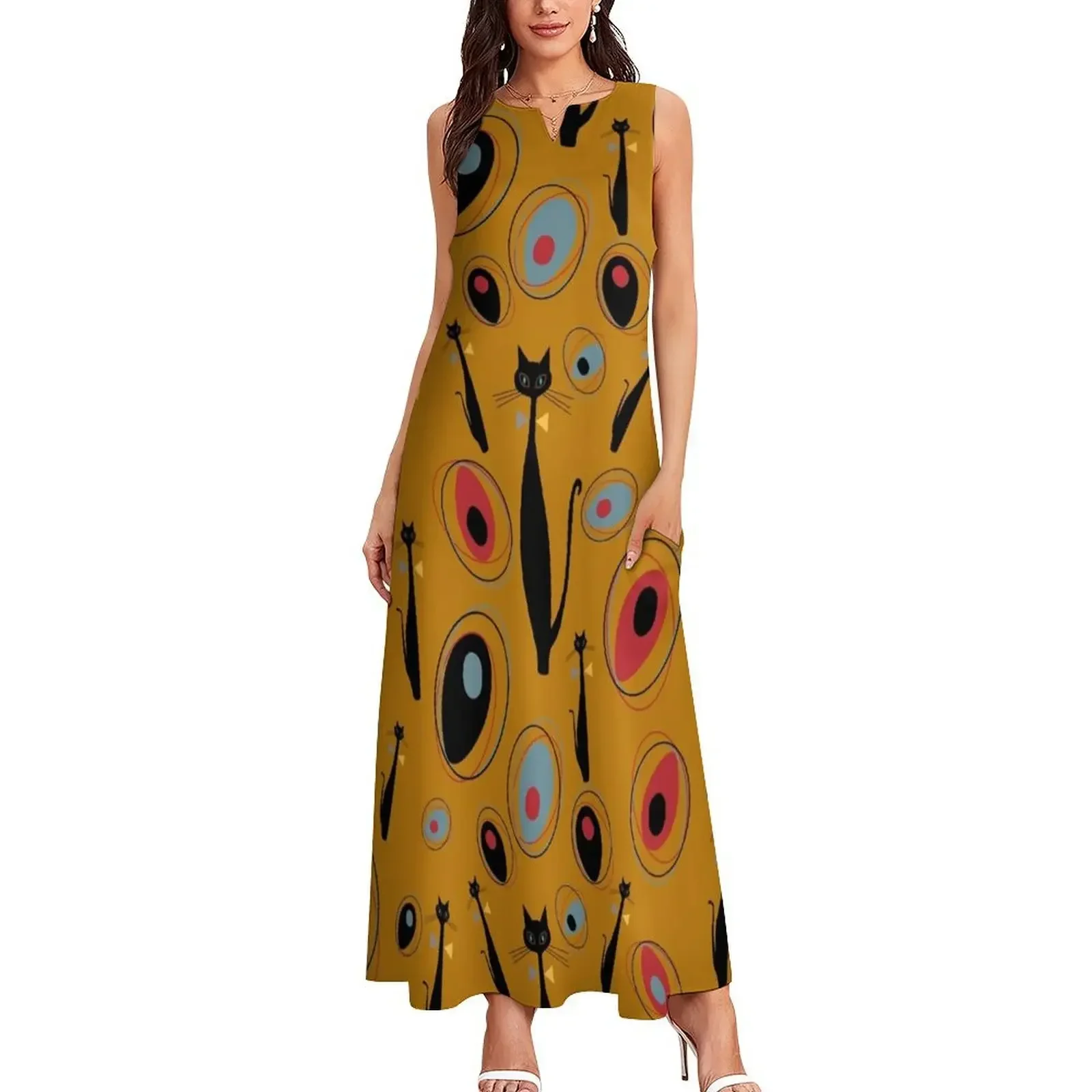 Mid-Century Modern Art Atomic Cats 1.2 Half-Drop Pattern Long Dress Clothing female Dress