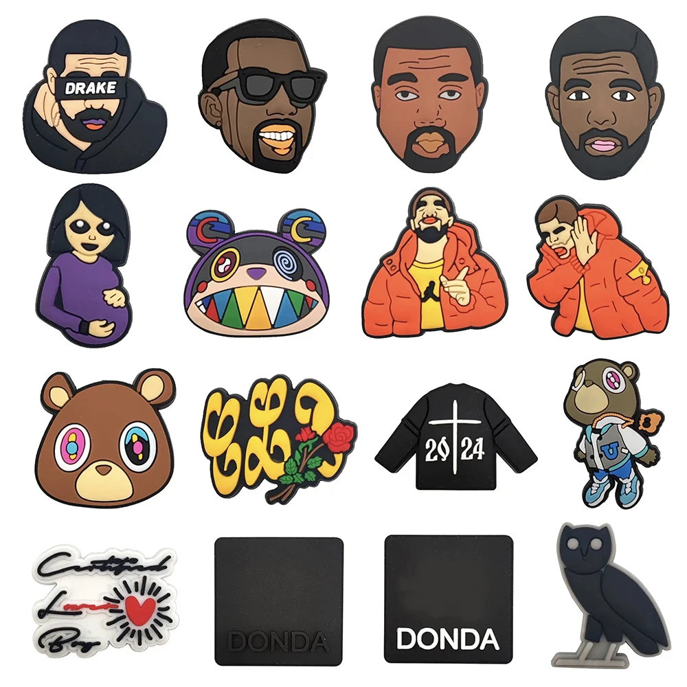 

16pcs Rapper Kanye West Shoe Charms Set Shoes Accessories Decorations Buckle Fit Wristband Clogs Sandals Kids Gifts