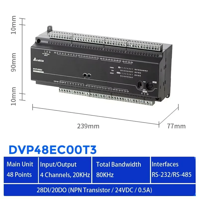 High Stability DVP48EC00T3 EC3 PLC 28 Digital Input 20 Transistor Output for Servo Control Machinery
