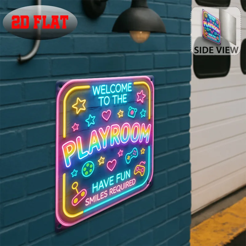 Vintage Metal Tin Sign,Welcome To The Playroom Game Controller Neon Rust Plaque,2D Flat No LED Kids Game Room Wall Decor