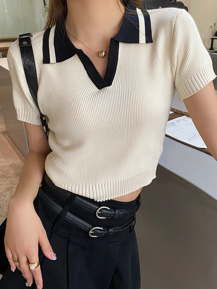 Women Color Contrast Casual Knitted Crop Top Summer Temperament Lape Short Sleeve Slimming Verstatile Fashion Versatile T-Shirt