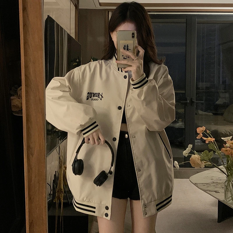 

Baseball Jackets Woman Letter K Womens Autumn Snap-Button Leather Colorful Motorcycle Bomber Leisure Utility Bohemian Athleisure