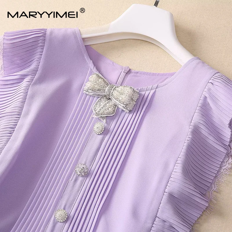 MARYYIMEI 패션 디자인 여성 드레스 민소매 Flounced Edge 레이스 접합 파티 댄스 파티 솔리드 Pleated Dresses