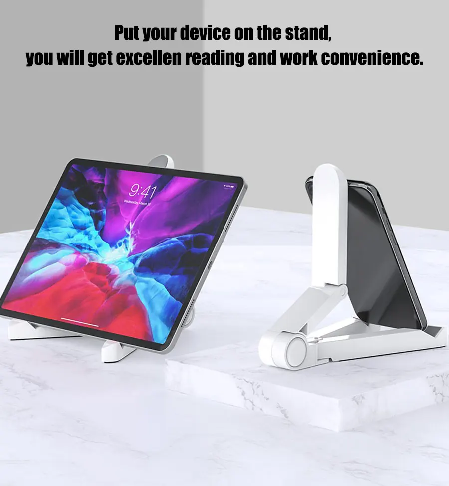 white foldable tablet and phone stand with sleek minimalist design and adjustable desktop mount for versatile use