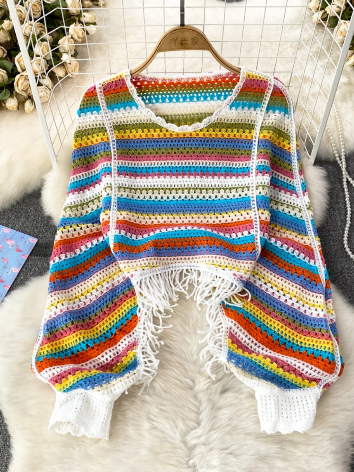 Retro Rainbow Stripe Knitted Sweater Women Autumn 2024 New Collection Hook Flower Hollow Lantern Long Sleeve Tassel Bottom Top