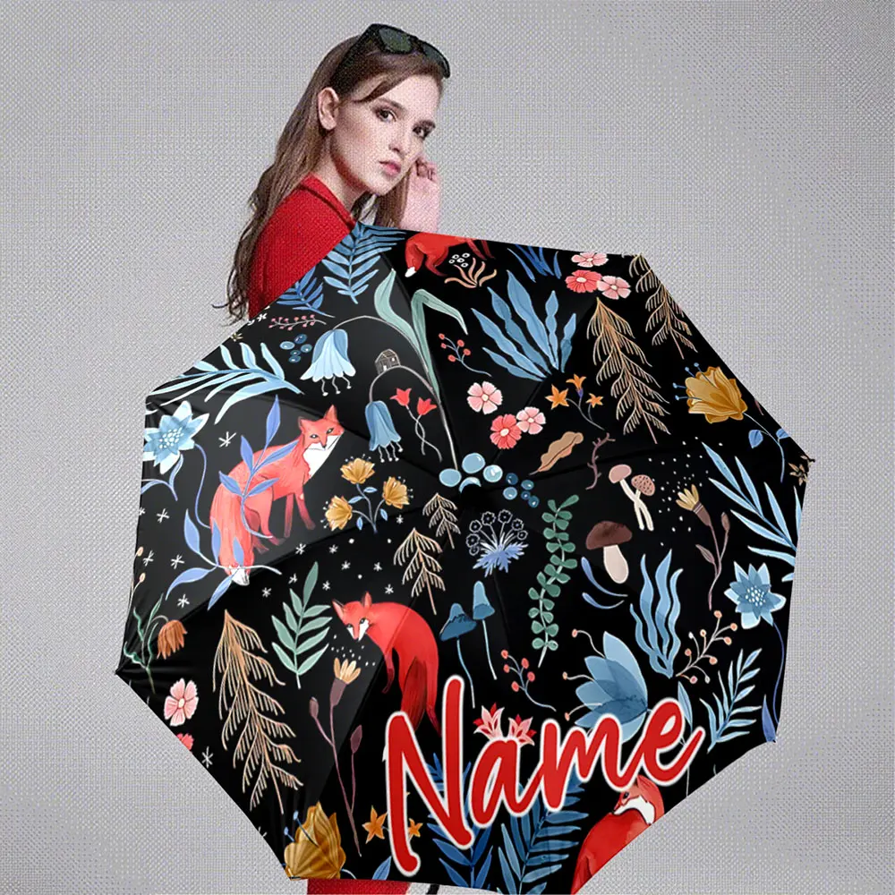 Custom Name Umbrella Red Fox with Colorful Flowers and Forest Mushrooms 8 Iron Ribs Folding Umbrella Auto-Open Fashion Sunshade