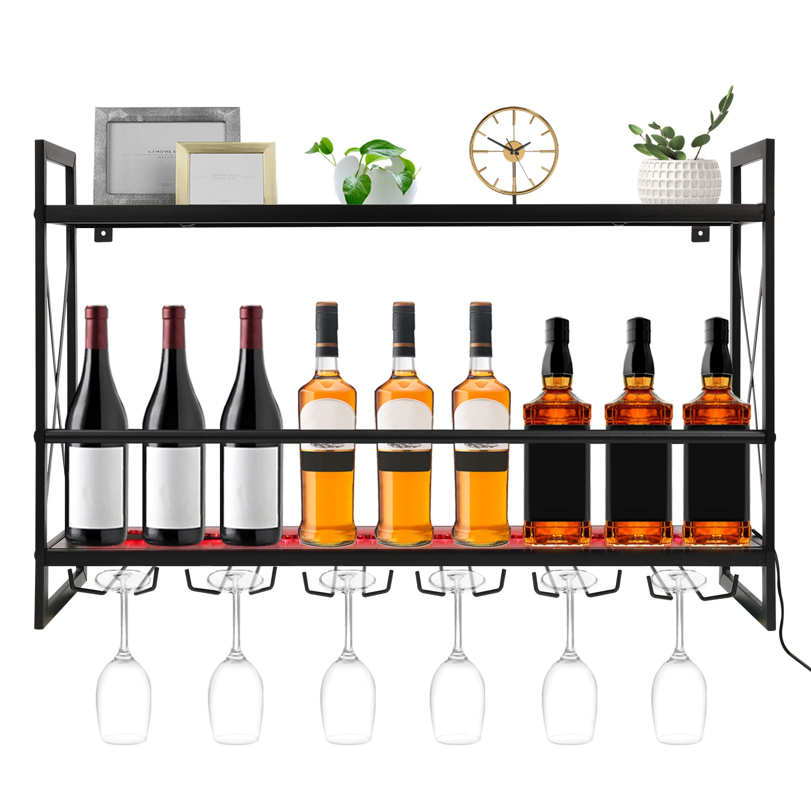 

LED-Illuminated Wall-Mounted Wine Rack, Remote-Controlled 6-Glass Holder, 31.5in Industrial Metal, 2-Tier Home Bar Rack