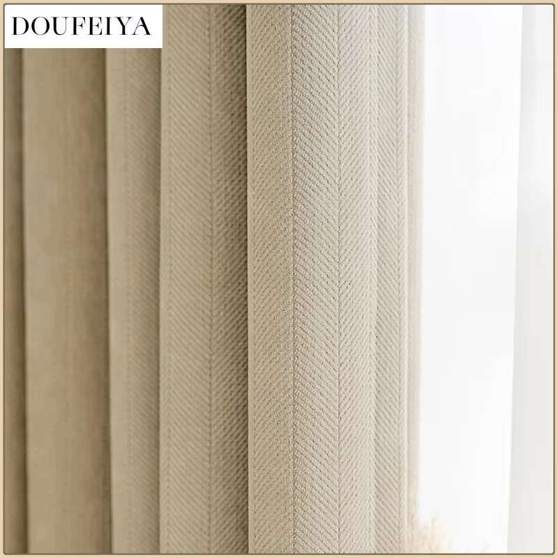 

Fashion Beige Herringbone Chenille Thickened Luxury Curtains for Living Room Bedroom Dining Blackout White Tulle Jacquard Window