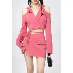 Fashion Niche Rose Red New High-end Off Shoulder Short Suit Two-piece Set