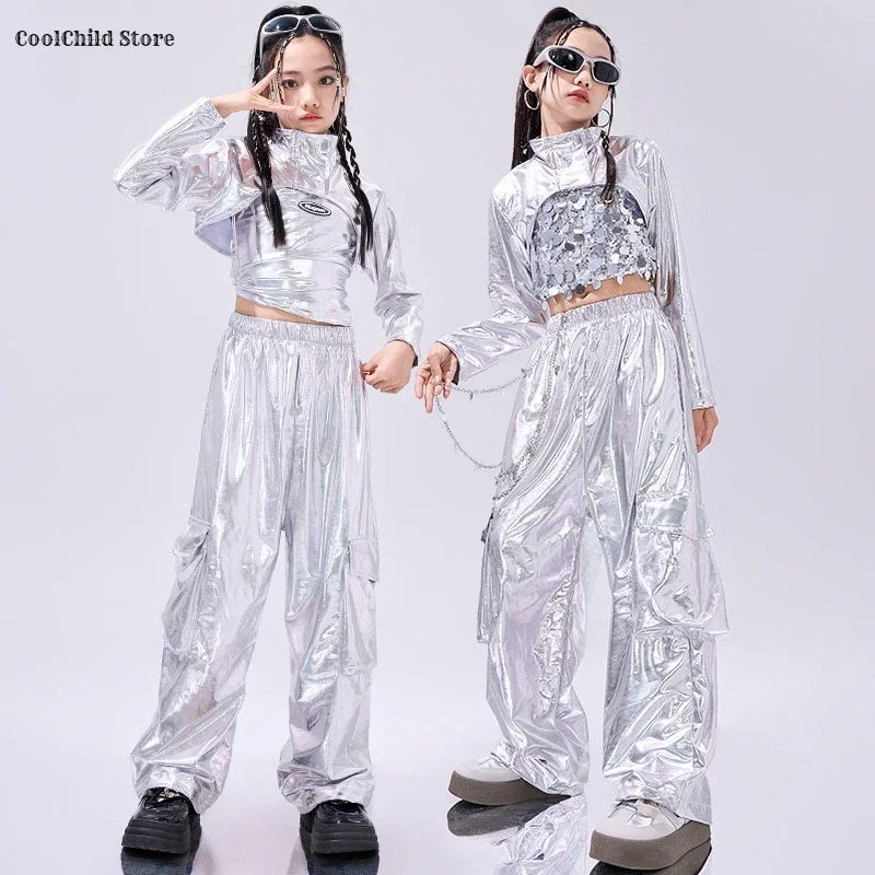 Hio ホップ女の子クールシルバースパンコールクロップトップダンスカーゴパンツ子供 K-POP ストリート子供ジャズガールグループ衣装服セット
