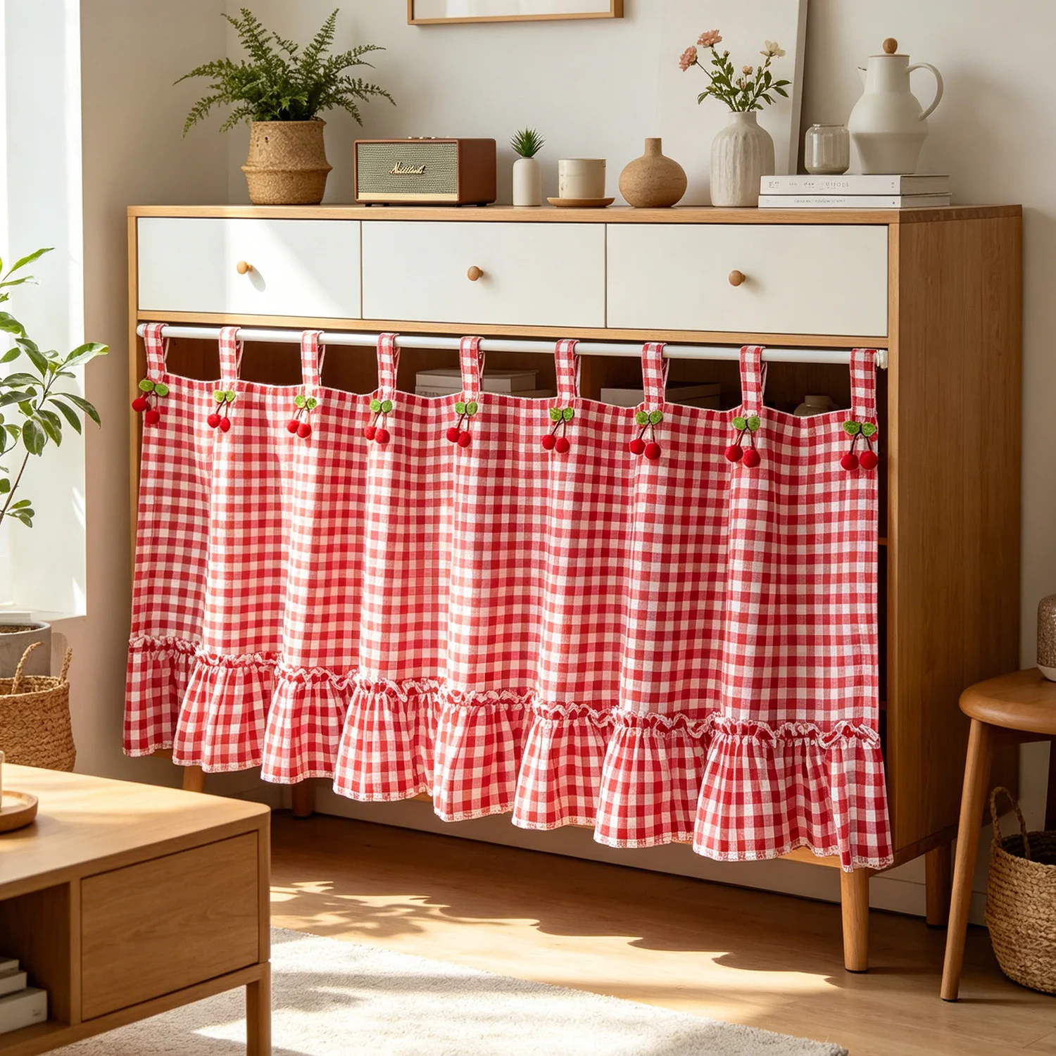 

1PC American Red White Lattice Skirt Short Curtain for Kitchen, Cabinet, Study Home Decoration Window Drape With Strawberry