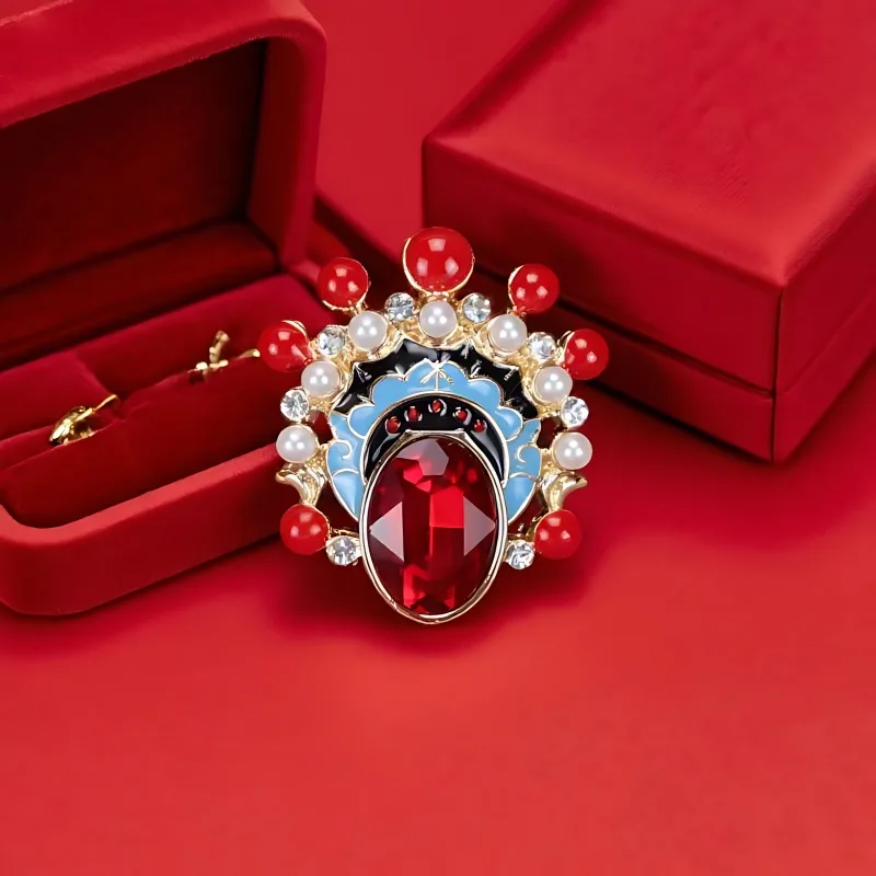 Retro Chinese Style Daomadan Opera Element Facial Makeup Enamel Rhinestone Pearl Brooch Corsage Coat Scarf Accessory Pin