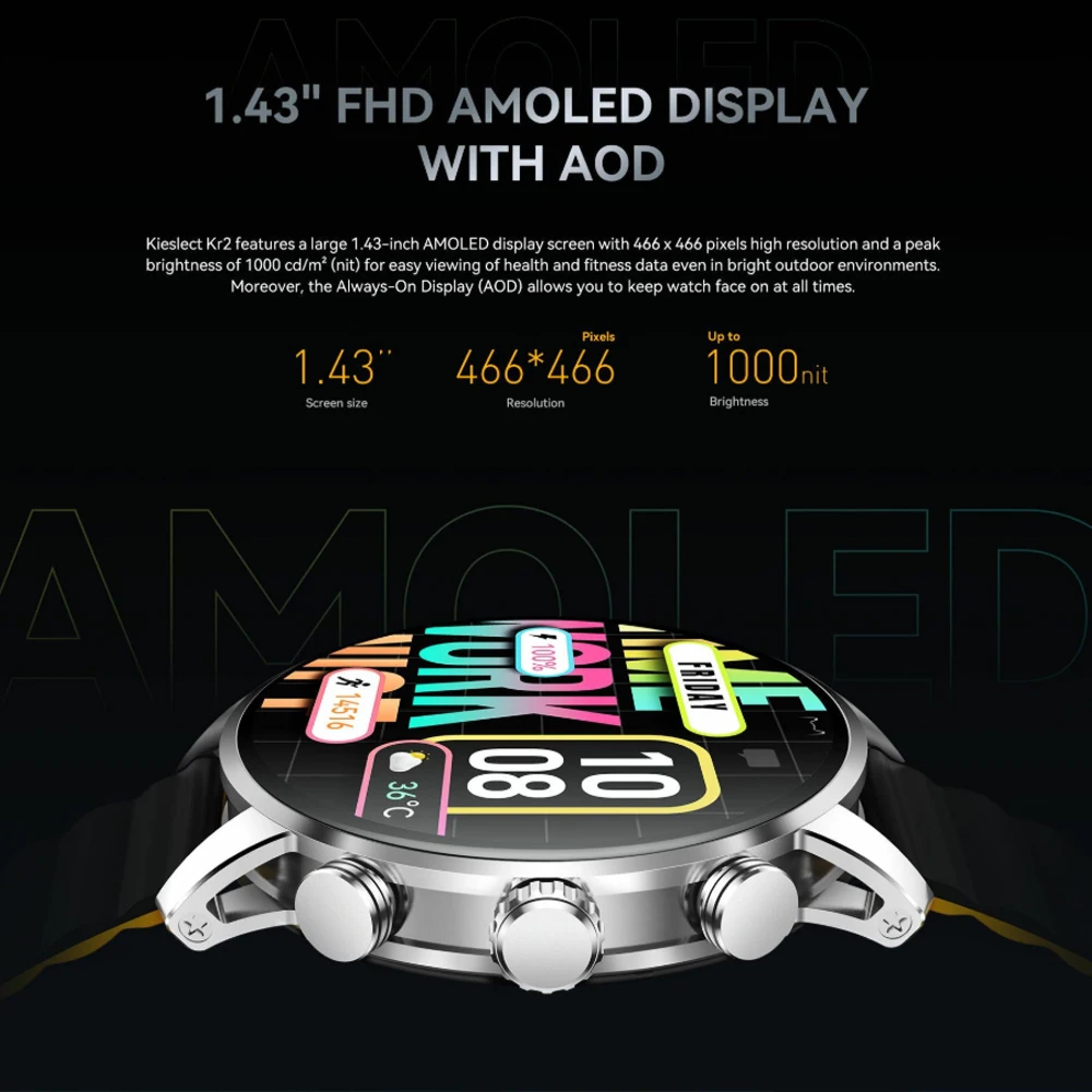ساعة Kieslect Kr2 الذكية للاتصال بشاشة 1.43 بوصة FHD AMOLED مع AOD لجهاز Android iOS للتحكم عن بعد في الكاميرا ومتتبع اللياقة البدنية