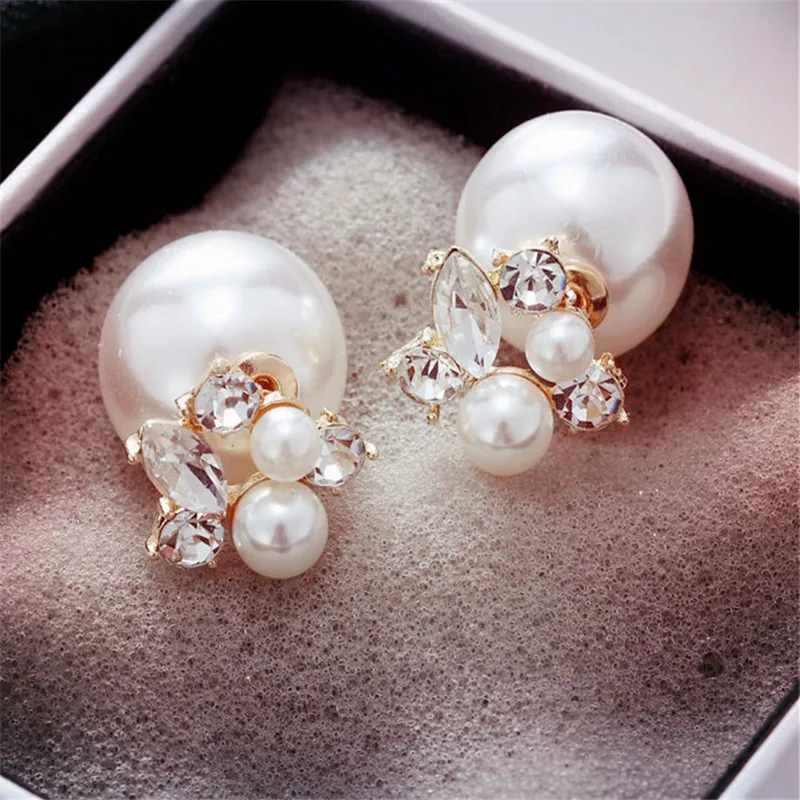 Trendy Double Sides Pearl Flower Earrings Fashion Elegant Ball Crystal Ear Piercing Earring For Women Wedding Party Jewelry Gift