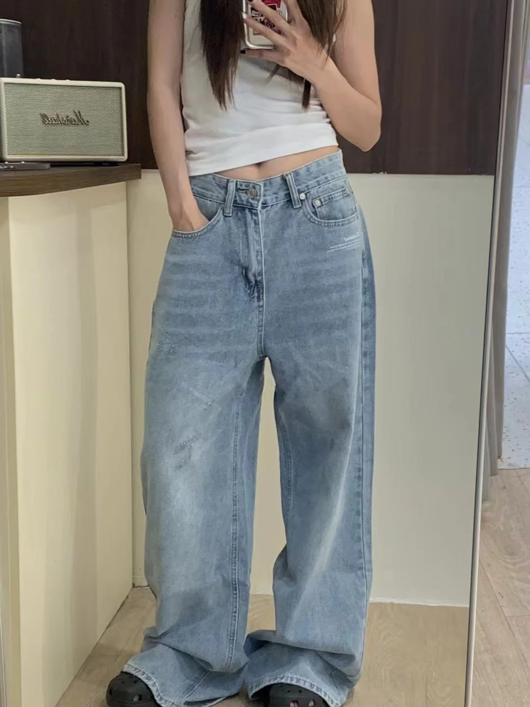 Jean taille haute décontracté à jambes larges pour femme, coupe ample, pantalon Long et droit, en Denim, saison de printemps