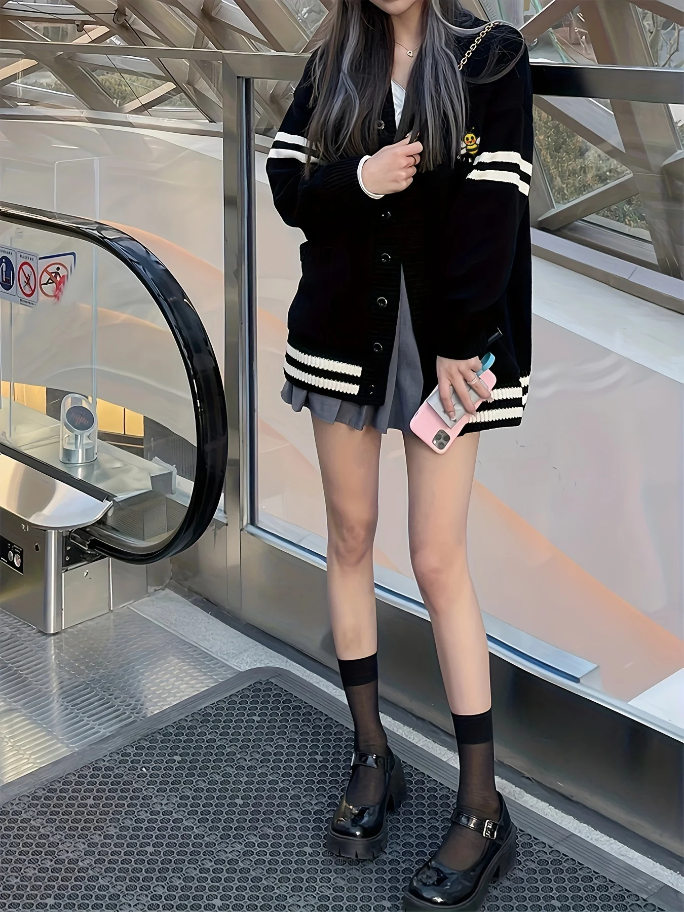 Korean Fashion Little Bee Stripe Knitted Cardigan V Neck Sweater Street Loose Lazy Academy Style Coat