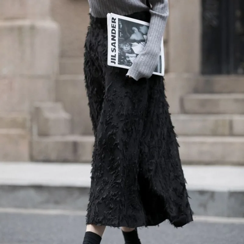 Elegant Women Long Skirts High Waist  A-line Winter Casual Female Slim Streetwear Simple Midi Fur Solid Classic Soft All-match