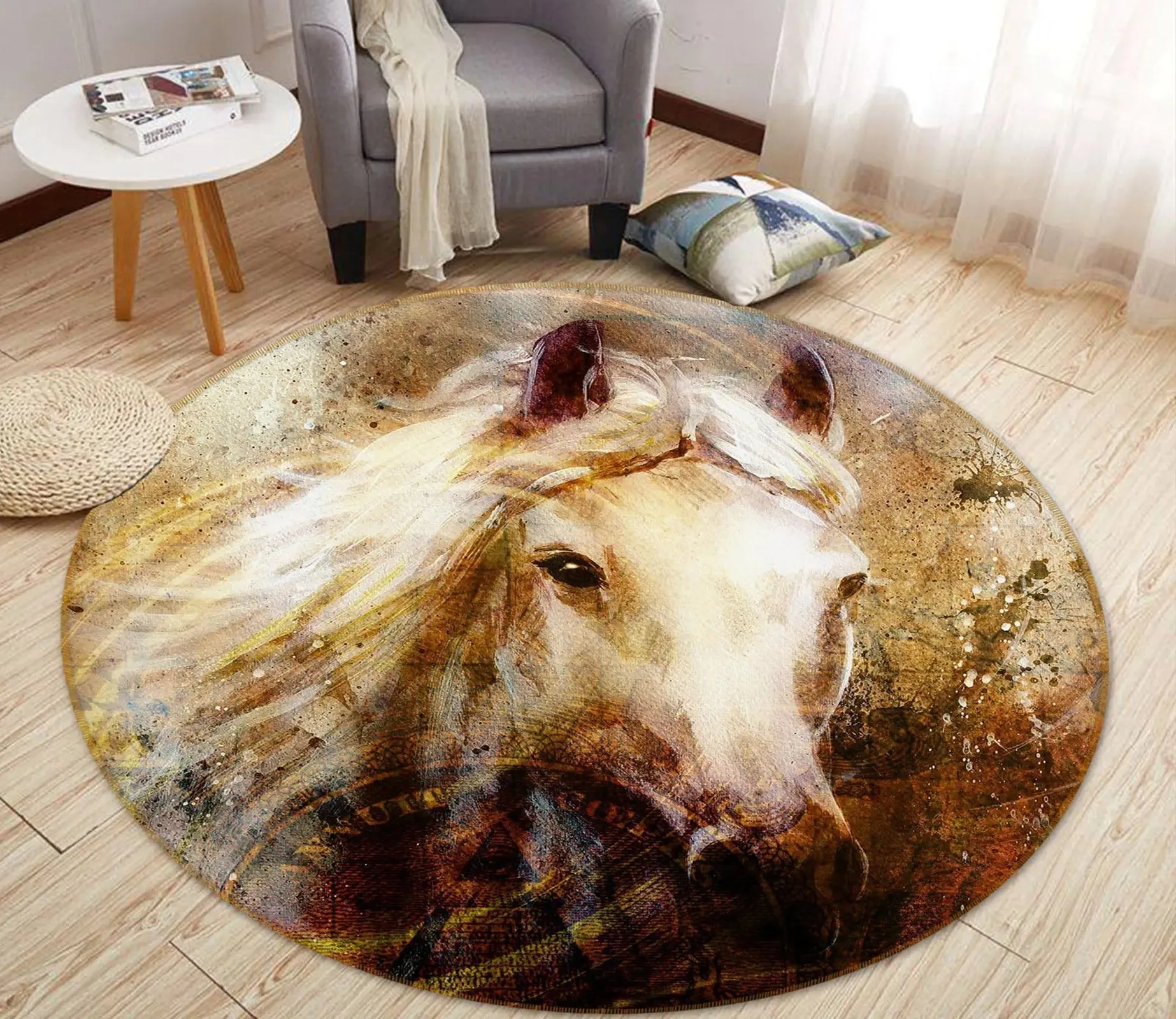 White horse animal pattern round sponge carpet home decoration bedroom anti-slip mat living room bathroom absorbent floor mat