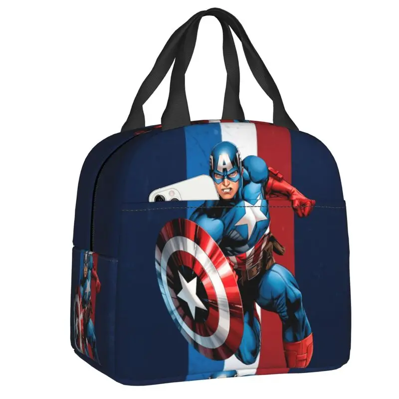 Custom Captain America Insulated Lunch Bag for Camping Travel Waterproof Cooler Thermal Lunch Box Women Food Container Tote Bags