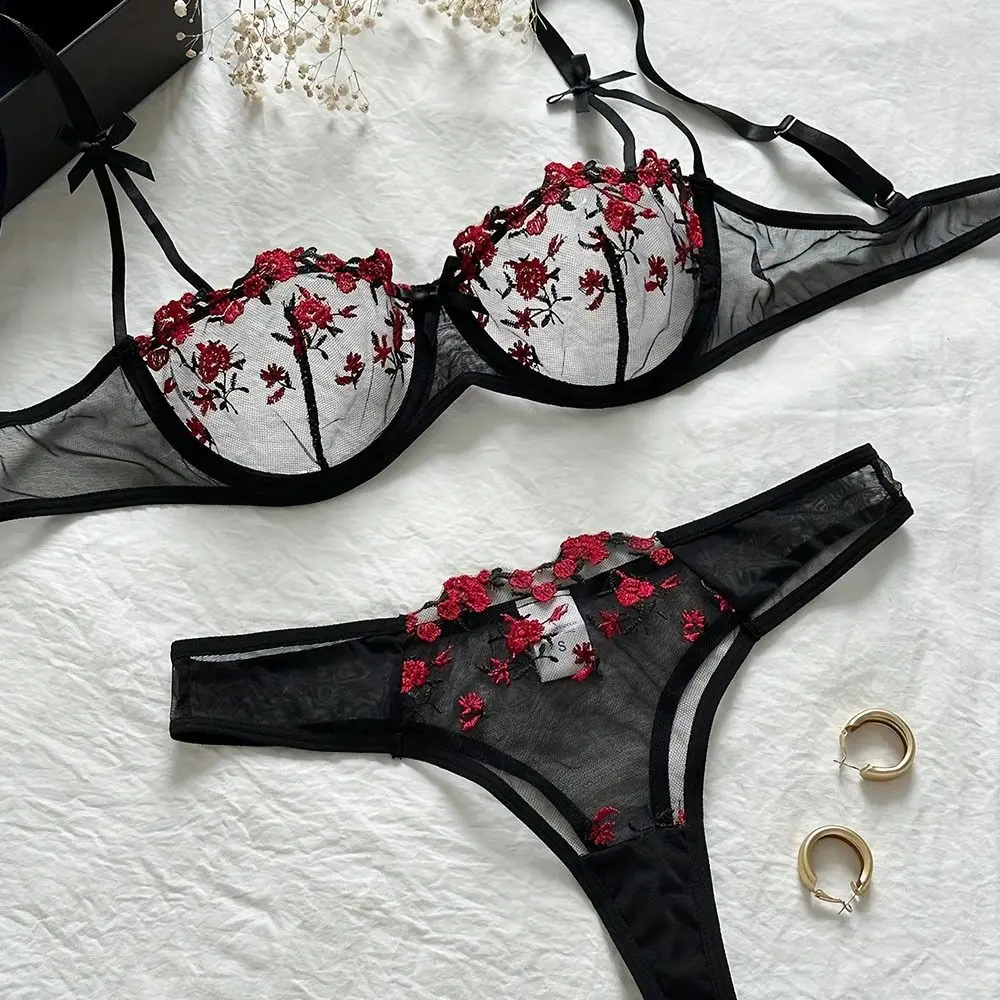 

French Style Romantic Floral Embroidery Lingerie Set Transperant Mesh Unlined Bra Thong Women's Sexy Underwear