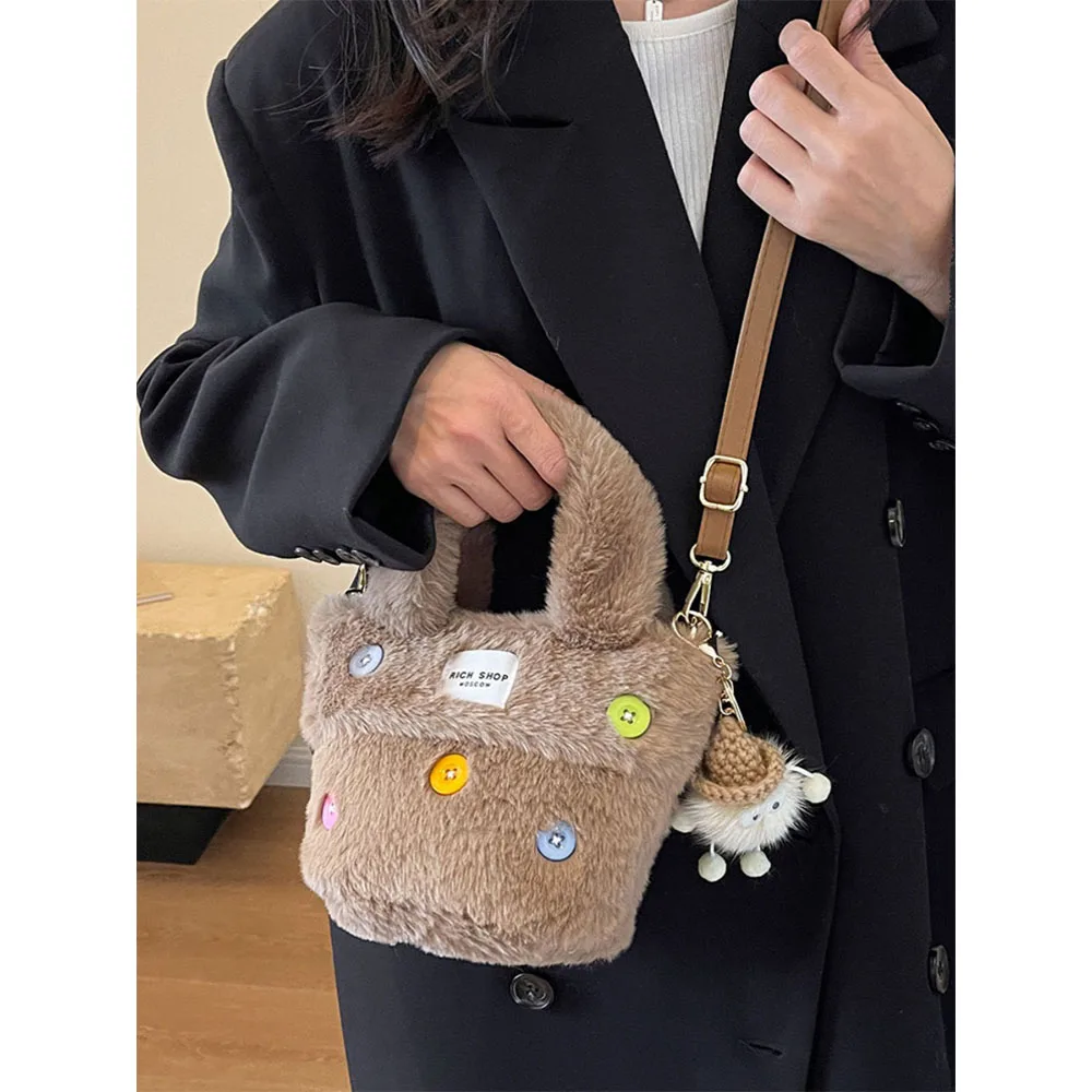 

Fluffy Handbag For Women Colorful Buttons Appliques Plush Handle Bags Cute Soft Female Crossbody Bag Ladies Shoulder Pack