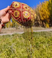 Chinese Xinjiang Dance Performance Hat Beaded Embroidery Stage Four Corner Flower