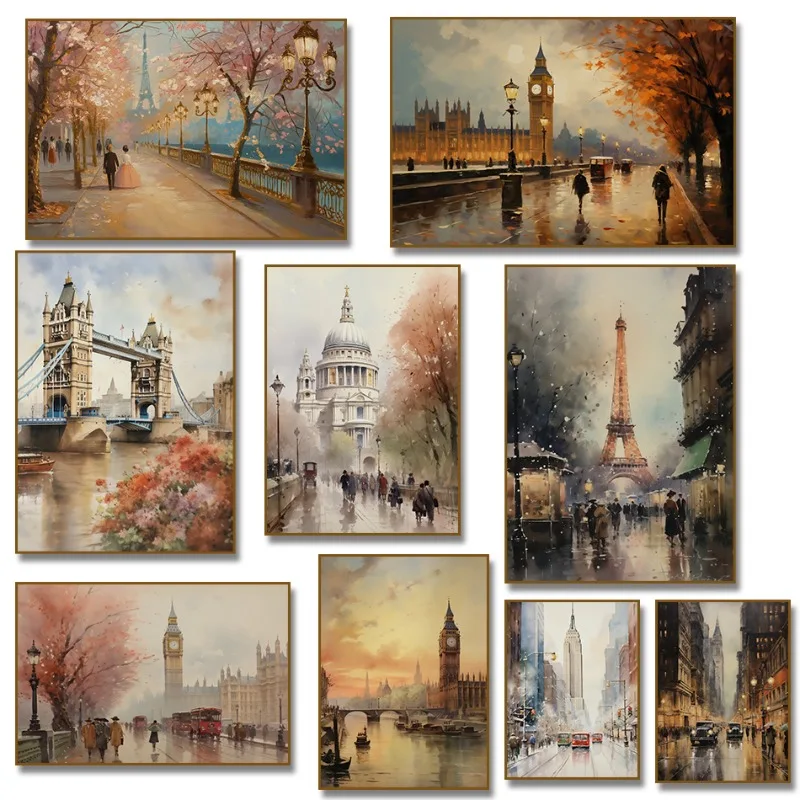 1pc frameless Canvas Painting Vintage French Architecture Paris London New York Cityscape Poster Canvas Painting Print Wall Art
