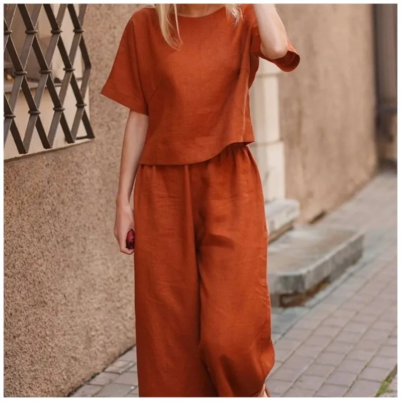 Women\'s Short Sleeve Shirt Top Wide Leg Pants Two Piece Set 2024 Fashion Summer Product Casual Hoodie Loose Solid Color Ladies