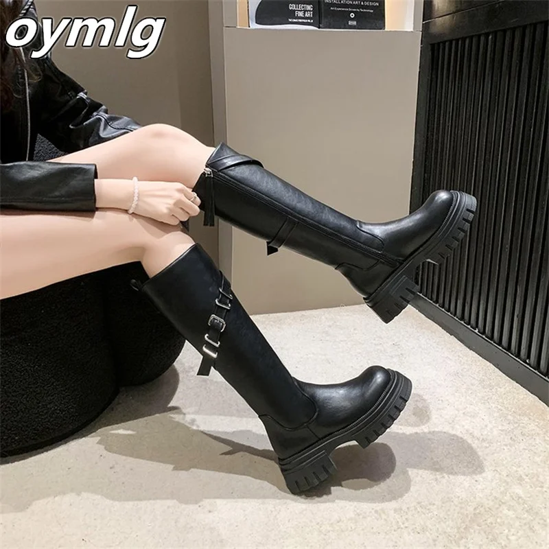 Retro Thick Sole Black Design Feeling Slim Mid length Boots Women's Shoes 2023 New Autumn and Winter Knight Long Sleeve Boots