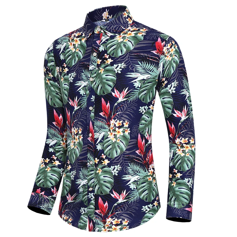 Spring and autumn new fashion men\'s youth plus fat plus size long sleeve flower shirt multi-color