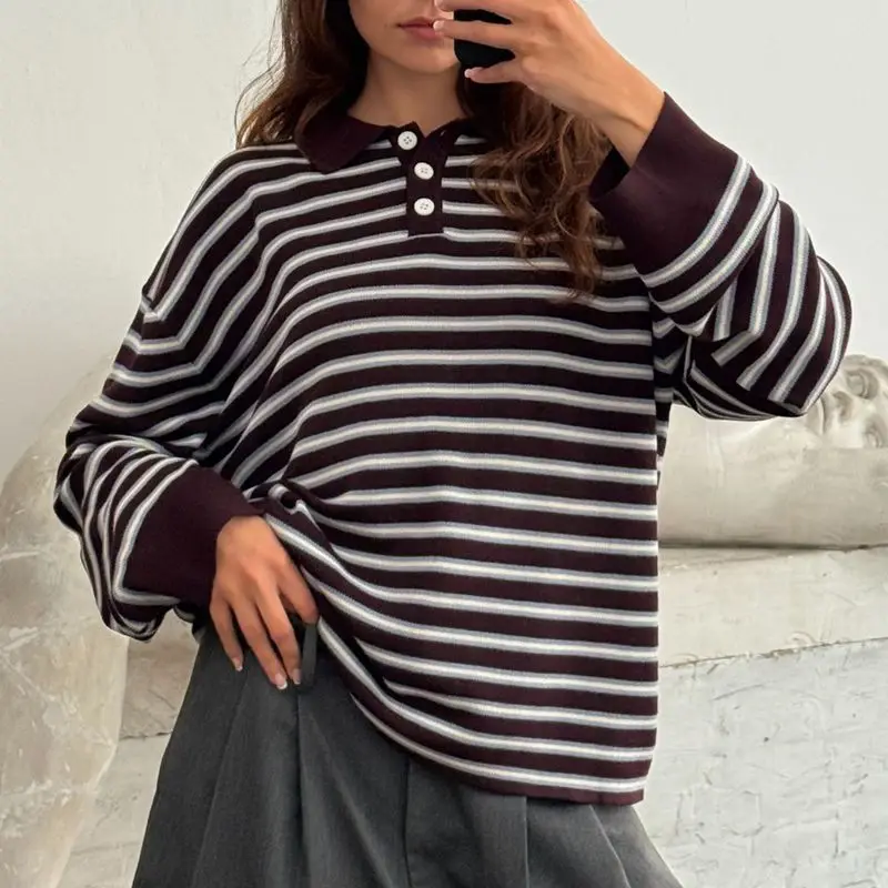 Combhasaki Donna Y2K Maglione vintage a righe con bottoni a contrasto e collo con risvolto, vestibilità ampia, casual, a maniche lunghe, pullover in maglia