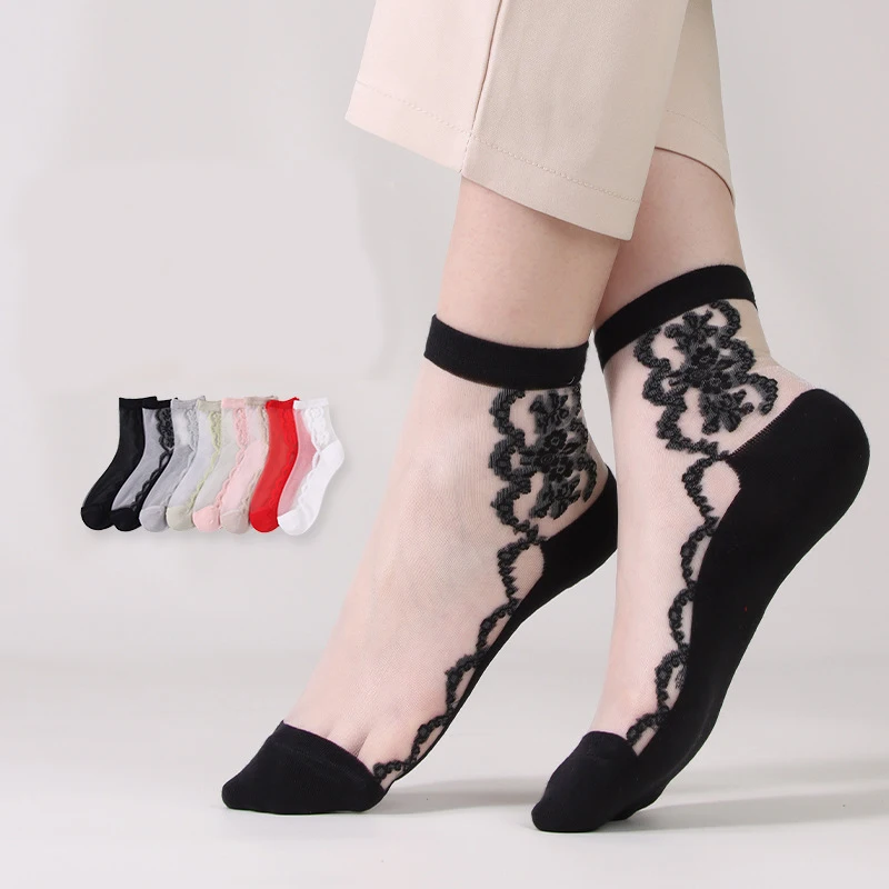 1 Pair Breathable Ultra Thin Socks Summer Women Transparent Lace Silk Crystal Rose Flower Girls Elastic Short Socks Female Sox