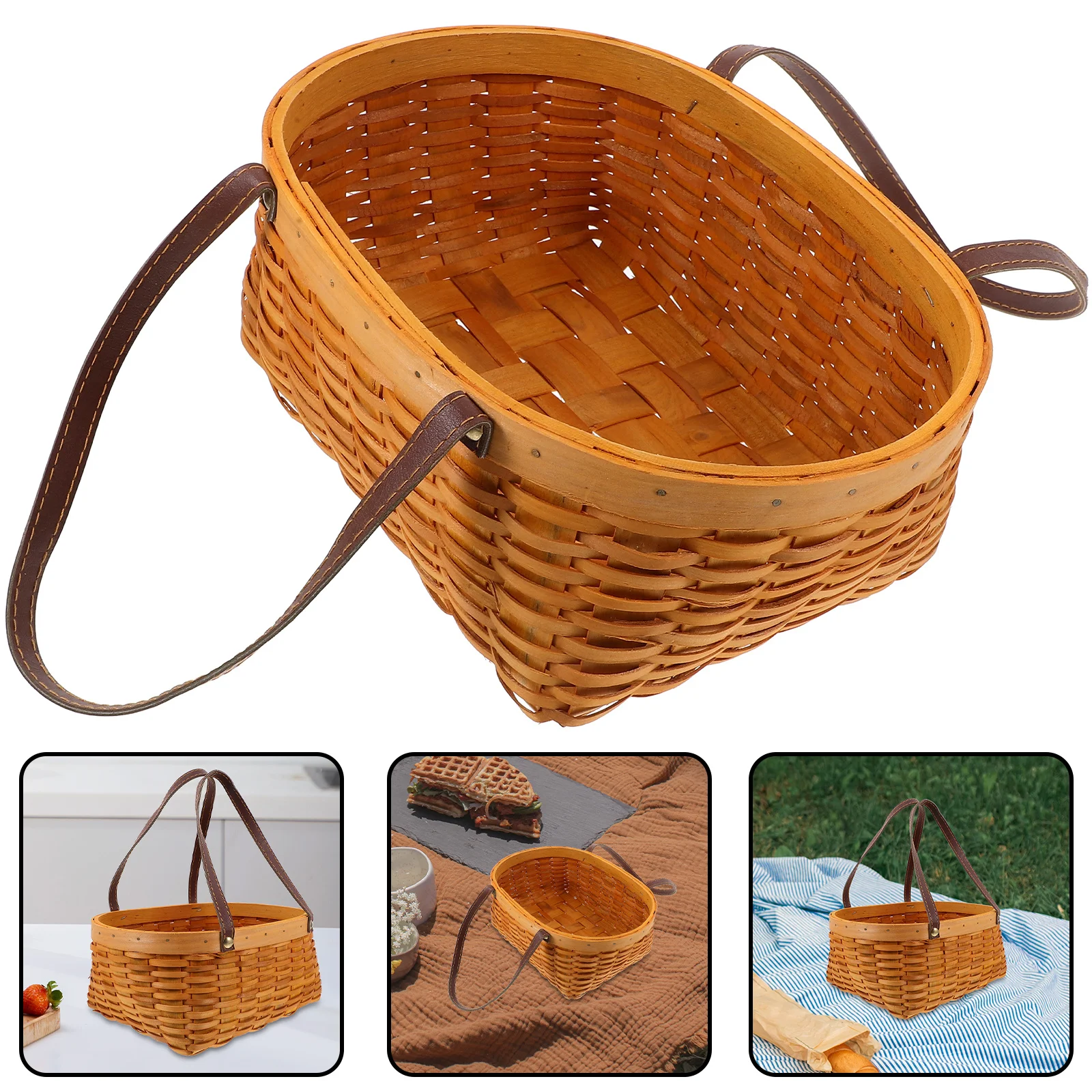 

Rustic Woven Basket PU Wood Handle Multi-Function Fruit Vegetable Picnic Flower Gathering Flower Gathering Basket