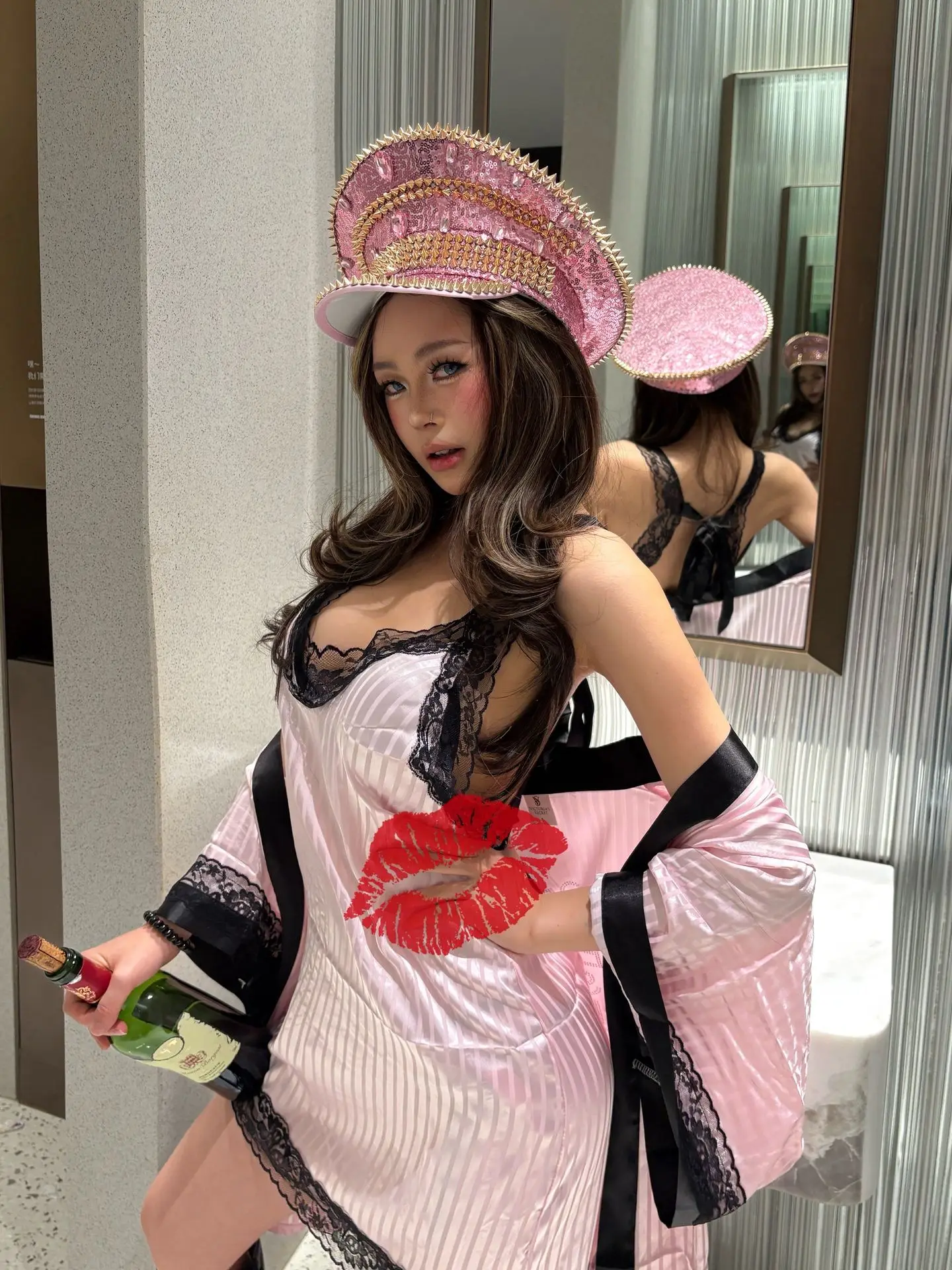 

Sexy Lace Trim Chemise Nightgown Set Women's Thin Strap Sleepwear Two-Piece Set Morning Robe Sweet Style Long Sleeve V-Neck