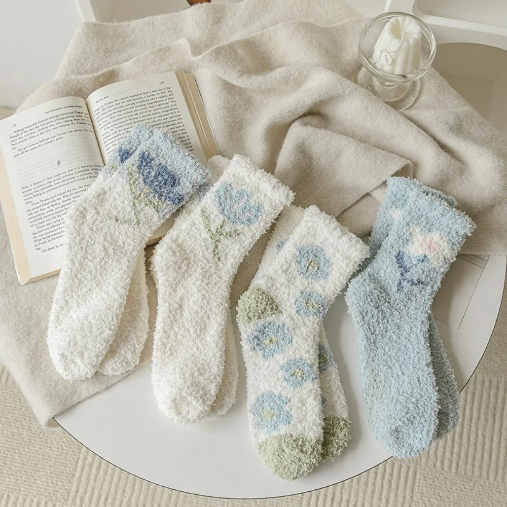 

Warm Comfortable Ruffle Flower Thick Trendy Sweet Korean Style Socks Middle Tube Female Socks Coral Velvet