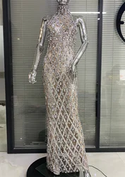 Shinning Big Crystal Women Sleeveless Sexy Halter Bodycon Long Dress Celebrate Birthday Party Nightclub Outfit Vestido
