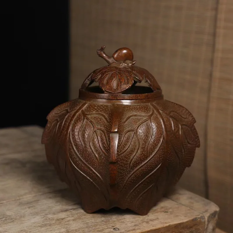 Copper Snail Lying on Branch Leaf Incense Burner Ancient Casting  Finely Polished  Lighting incense creates an elegant atmospher