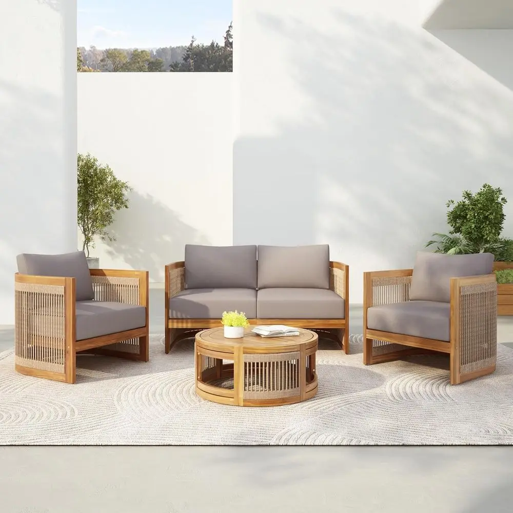 

4-Piece Patio Contion Set, All Weather Sectional Soa Set w/ 2 Chairs, Loveseat & Table Premium, Acacia Wood Outdoor urniture Set